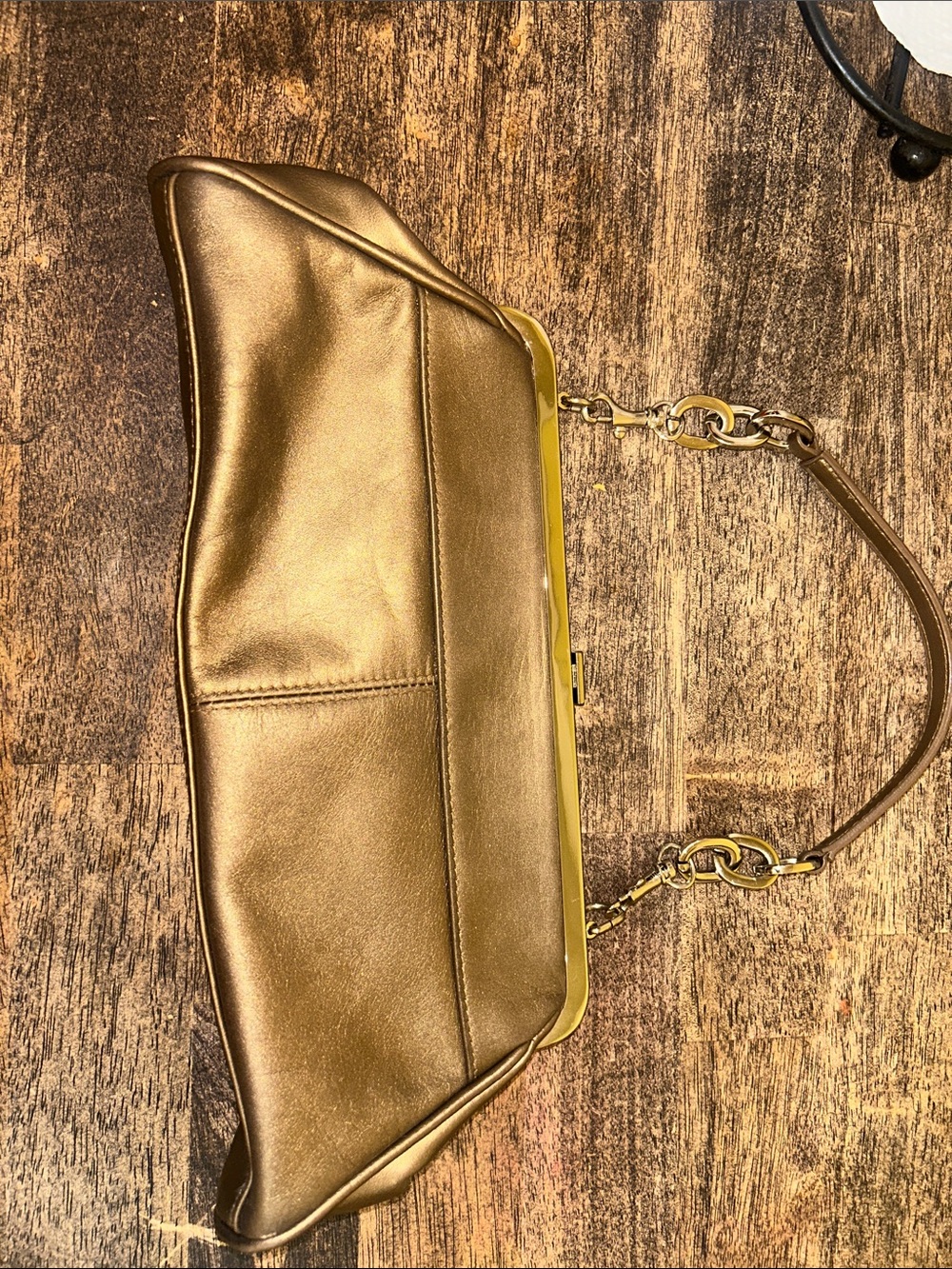 #72 Apostrophe Metallic Gold Leather Shoulder Clutch with Chain Strap